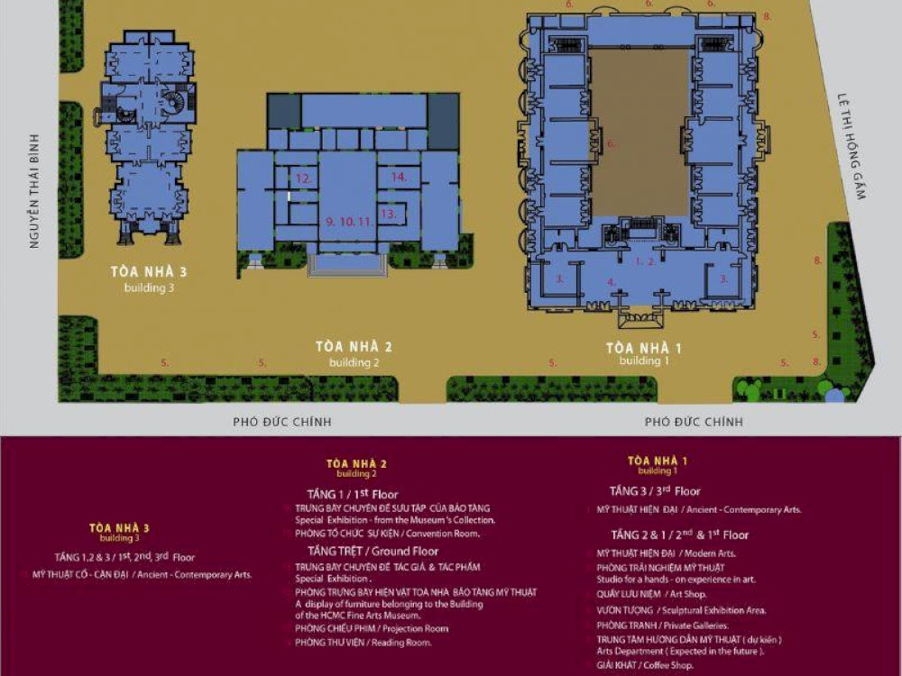 A layout map of the exhibition areas and galleries at the Ho Chi Minh City Museum of Fine Arts to help visitors navigate the museum easily